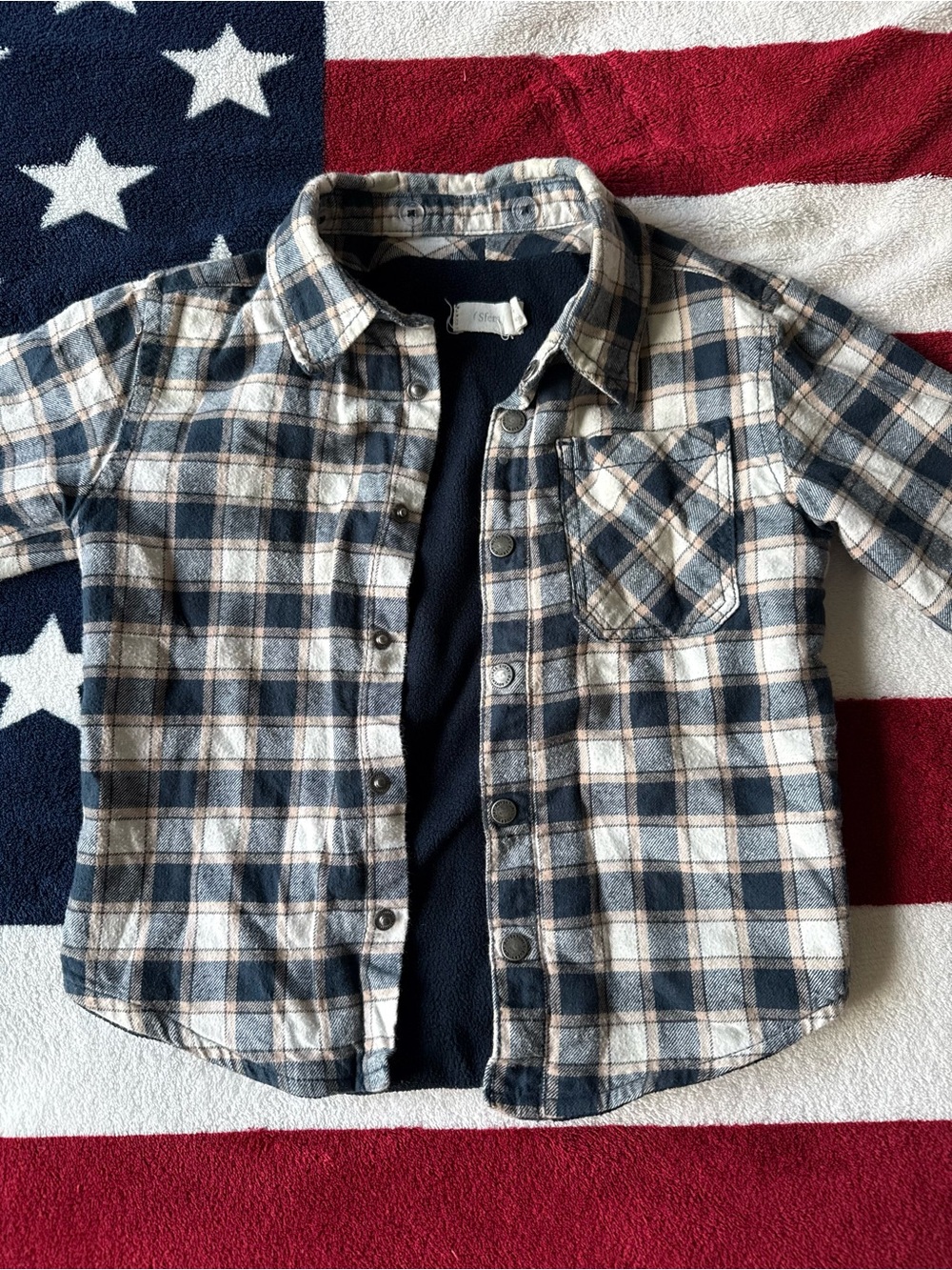 SFERRA 3/4Y Boys Plaid Button-Down Shirt Jacket in Navy and Cream